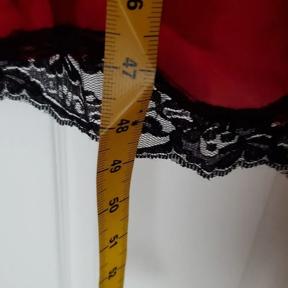 Secret Treasures Red Satin Long Chemise Nightgown Black Lace Trim - Medium
